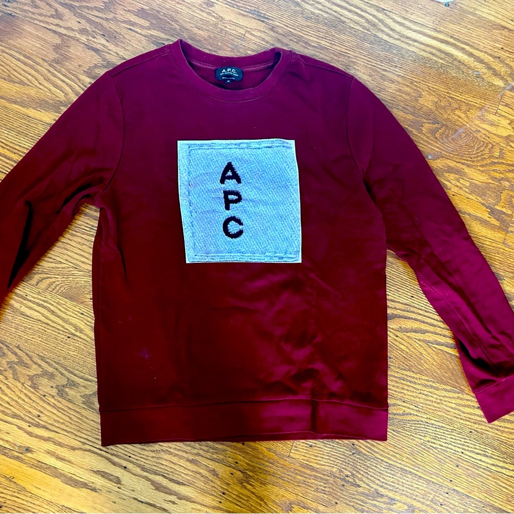 A.P.C. Burgundy Crewneck Sweater with Blue Patch